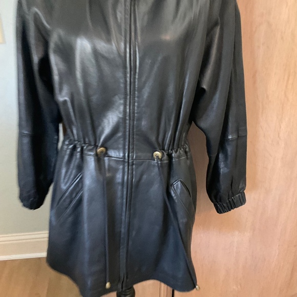 90's VTG Hailey soft LeatherJacket Black Long Drawstring Zip Coat Oversize XS - Picture 5 of 16